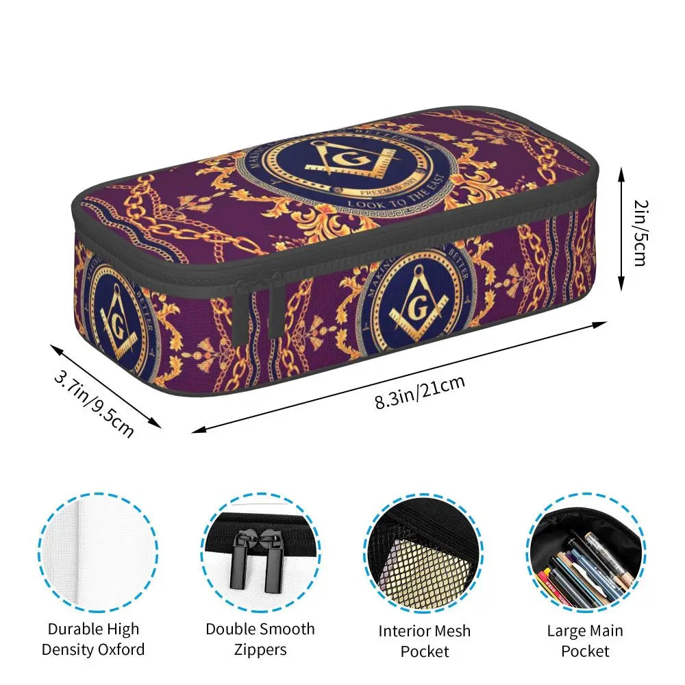 Custom Cute Gold Square Compass Masonic Freemason Pencil Cases for Freemasonry Mason Pencil Pouch School Accessories