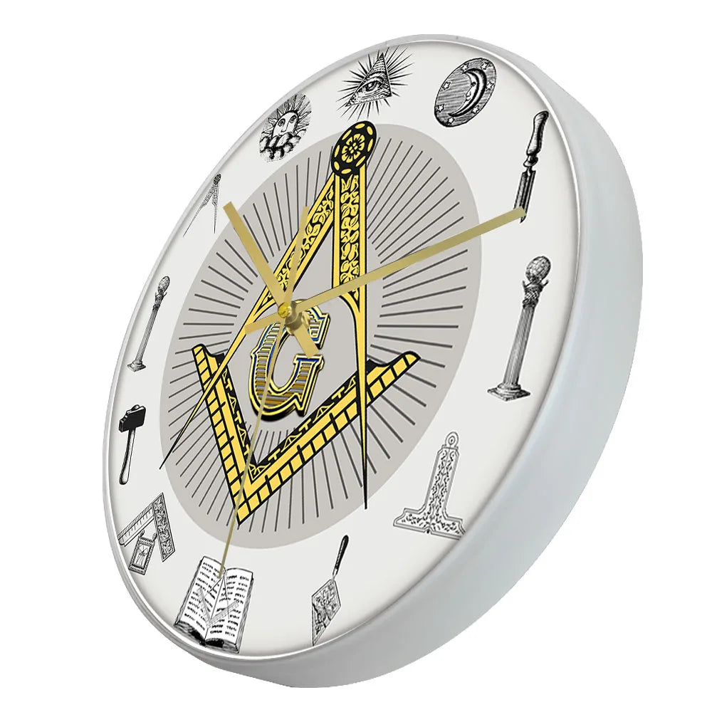 The Masonic Exchange White Square Compass Masonic Symbols Wall Clock Freemason Fancy Home Decor Clock Silent Quartz Wall Watch