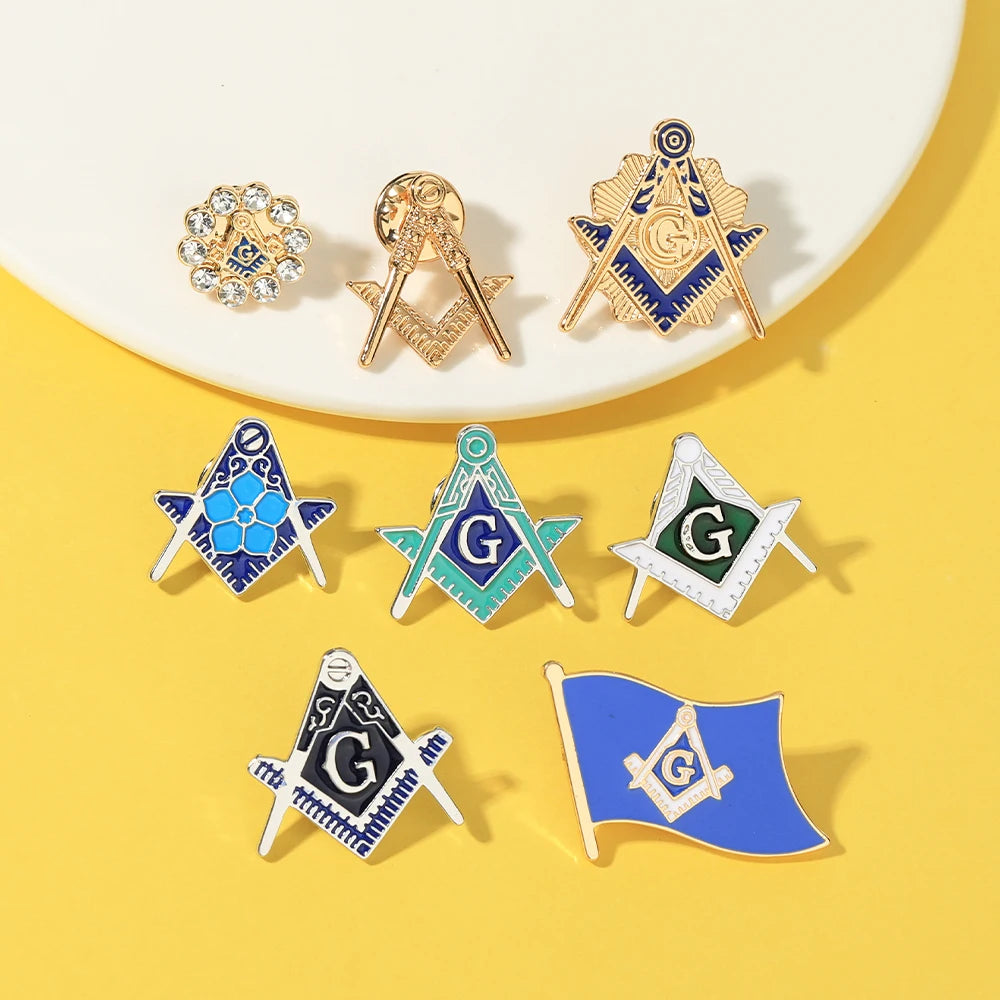 8 Styles Classic Masonic Symbols Design Enamel Pins Freemason Emblem Flag Shaped Golden Brooches
