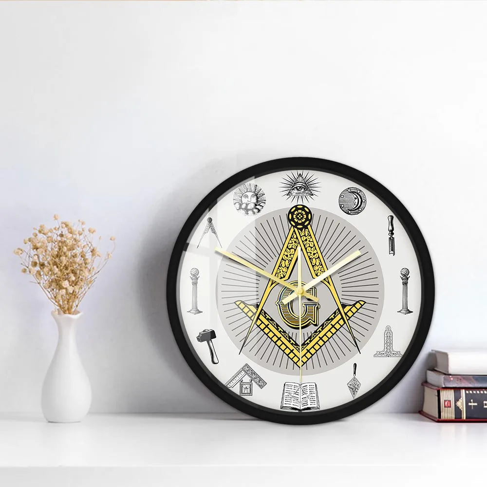 The Masonic Exchange White Square Compass Masonic Symbols Wall Clock Freemason Fancy Home Decor Clock Silent Quartz Wall Watch