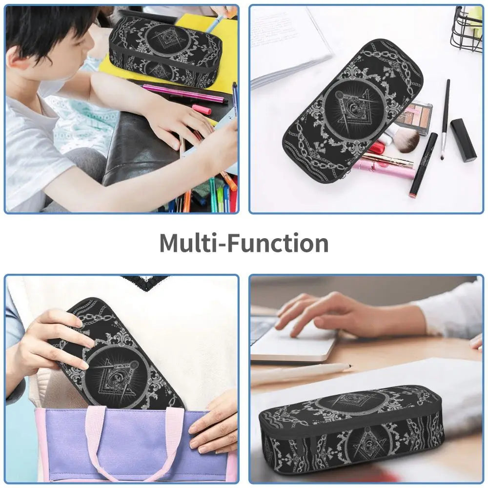Custom Cute Gold Square Compass Masonic Freemason Pencil Cases for Freemasonry Mason Pencil Pouch School Accessories