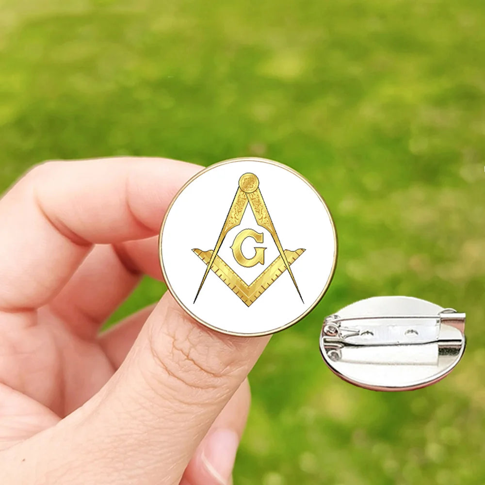Masonic Pin Badge Glass Round Mason Freemason and Eye Photo Handmade Brooches for Men Women Accessories