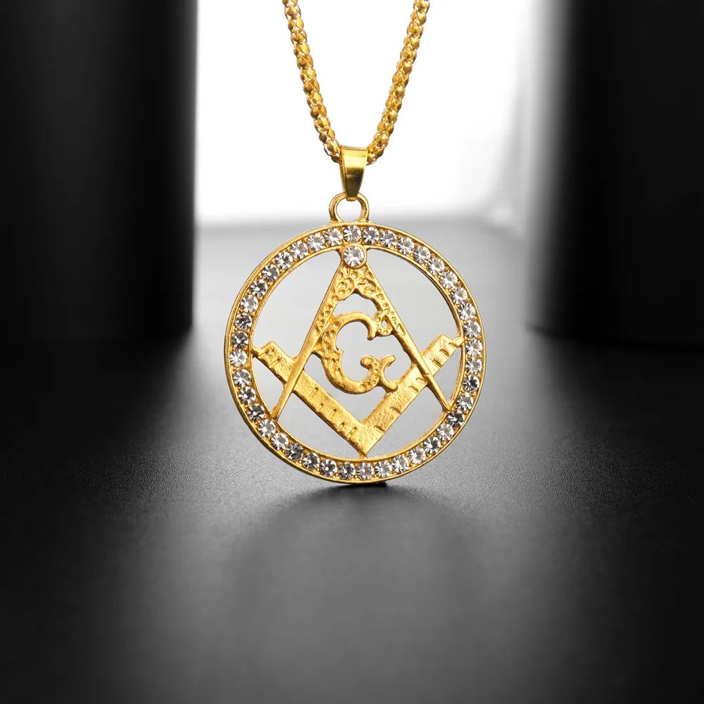 AG Masonic Round Men's Necklace Sliding Crystal Inlaid Pendant Metal Necklace Accessories Party Jewelry