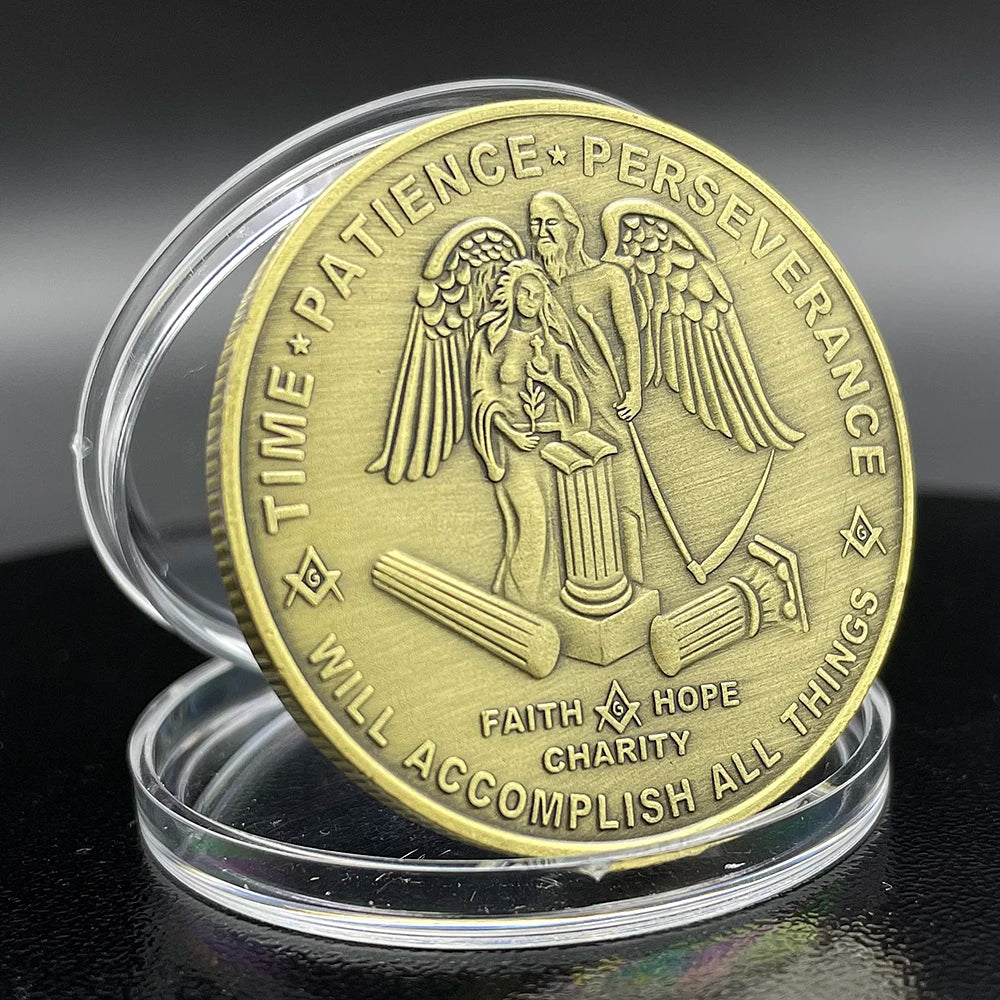 Freemasons Bronze Coin Collectibles Masonic Freemason Badge Token Brotherhood Commemorative Coin in Capsule Souvenir