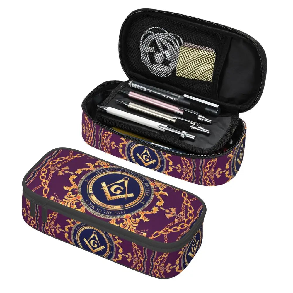 Custom Cute Gold Square Compass Masonic Freemason Pencil Cases for Freemasonry Mason Pencil Pouch School Accessories