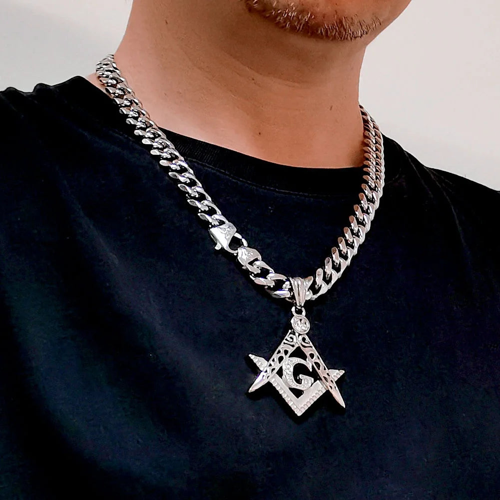 Freemasonry Masonic Mason Necklace Pendant Mens All Polished 316L Stainless Steel
