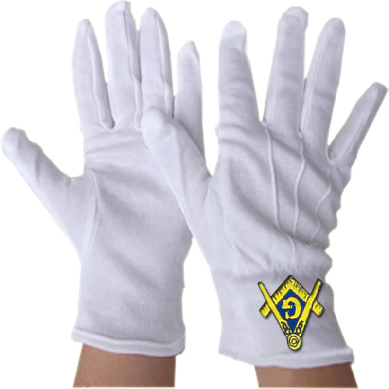 masonic regalia/Masonic Cotton Glove with Blue Embroidered Square & Compass Logo