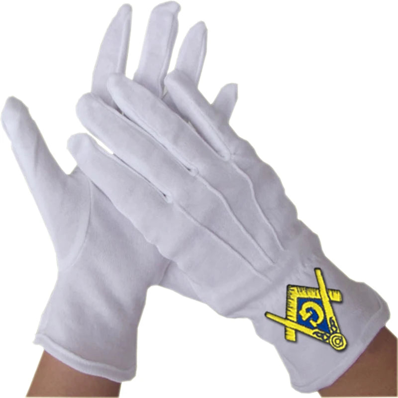 masonic regalia/Masonic Cotton Glove with Blue Embroidered Square & Compass Logo