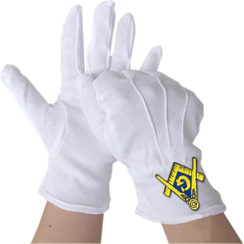 masonic regalia/Masonic Cotton Glove with Blue Embroidered Square & Compass Logo