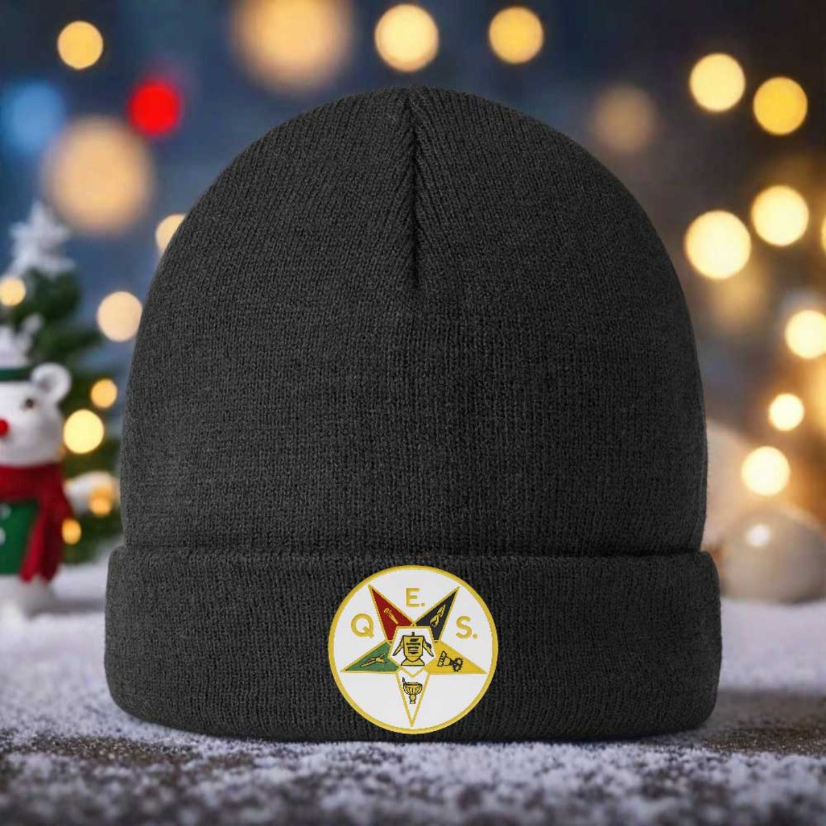 1pc 's Masonic OES Order of the Eastern Star Emblem Knit Beanie - Golden-Toned Greek Letter Logo (ΟΕΣ) & Star Design, Navy Blue Winter Warm Hat for Freemasonry Members, Christmas/Ramadan/Father's Day Gifts