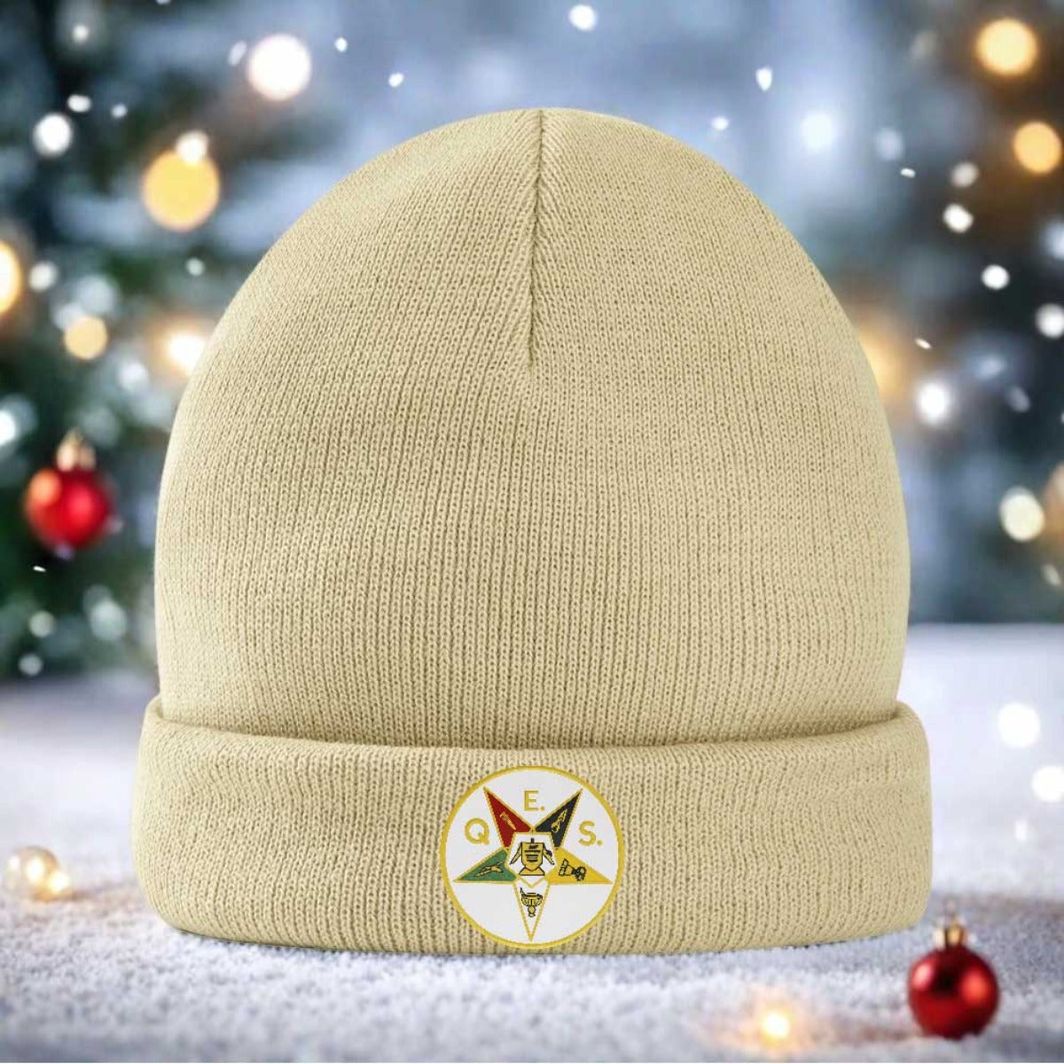 1pc 's Masonic OES Order of the Eastern Star Emblem Knit Beanie - Golden-Toned Greek Letter Logo (ΟΕΣ) & Star Design, Navy Blue Winter Warm Hat for Freemasonry Members, Christmas/Ramadan/Father's Day Gifts