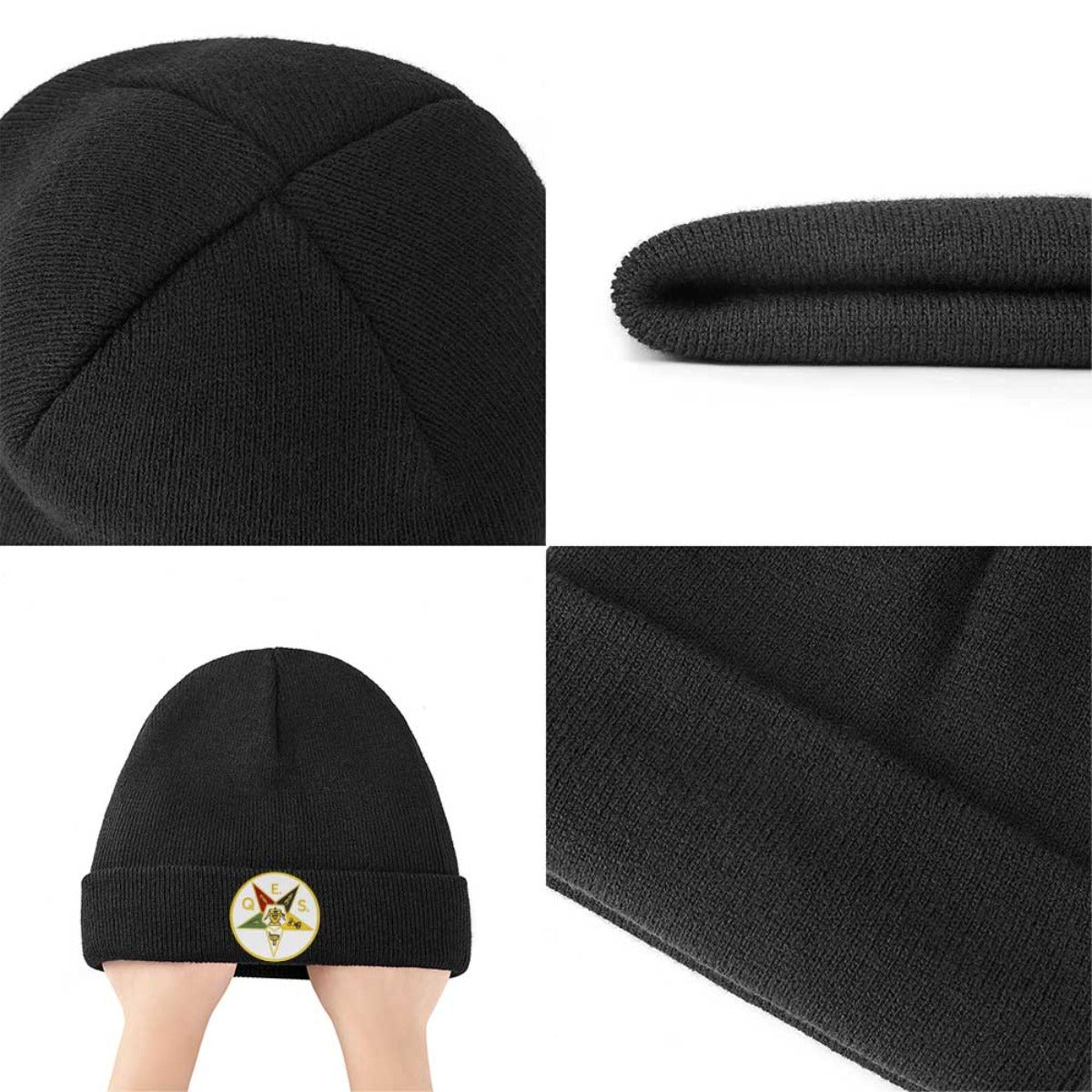 1pc 's Masonic OES Order of the Eastern Star Emblem Knit Beanie - Golden-Toned Greek Letter Logo (ΟΕΣ) & Star Design, Navy Blue Winter Warm Hat for Freemasonry Members, Christmas/Ramadan/Father's Day Gifts