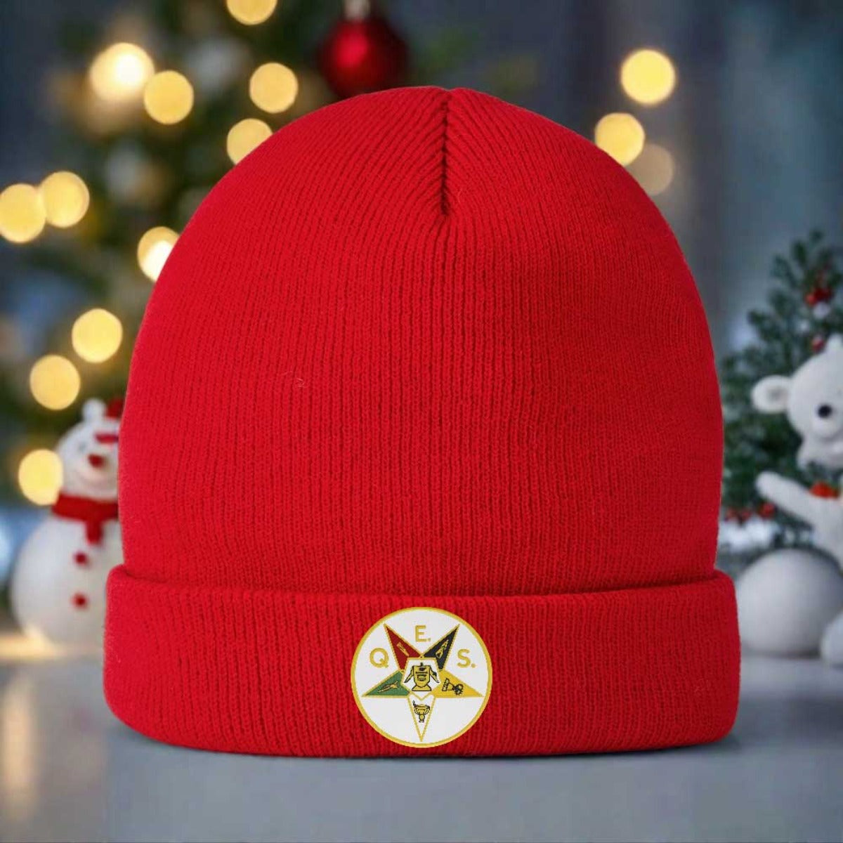 1pc 's Masonic OES Order of the Eastern Star Emblem Knit Beanie - Golden-Toned Greek Letter Logo (ΟΕΣ) & Star Design, Navy Blue Winter Warm Hat for Freemasonry Members, Christmas/Ramadan/Father's Day Gifts
