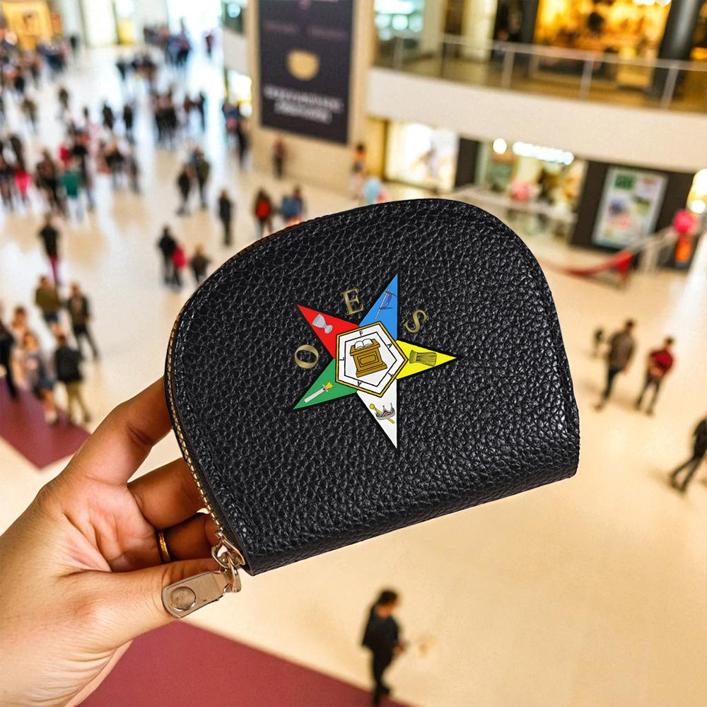 1pc Order of the Eastern Star (OES) Emblem Wallet - Golden-Tone Star & OES Logo Print Coin Purse & Cash Holder, Zippered Compact Wallet for Freemasonry Members, Durable Black Design for Everyday Use & Lodge Events