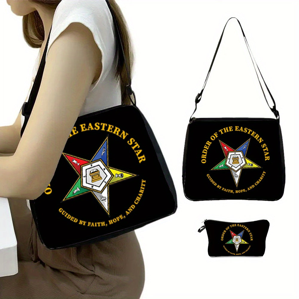 2pcs OE Freemason Sistar Oriental Star Printed Large Shoulder Bag, suitable for team travel and meetings. Lightweight, stylish, with clear and simple prints, it is a gift for friends and mothers, suitable for leisure outings